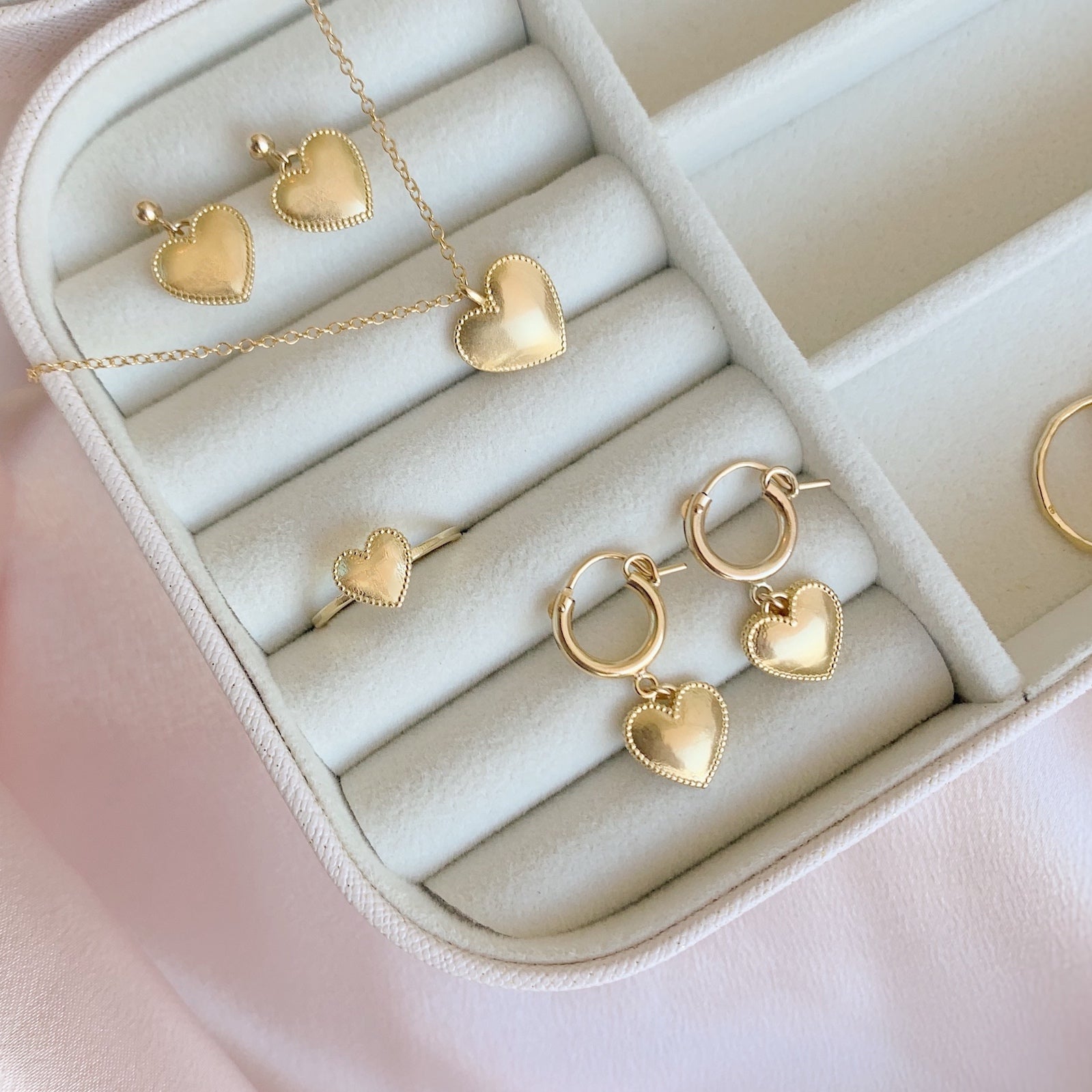 Beaded Heart Collection, dainty gold minimal jewelry hand crafted and ethically made in America by Katie Dean Jewelry