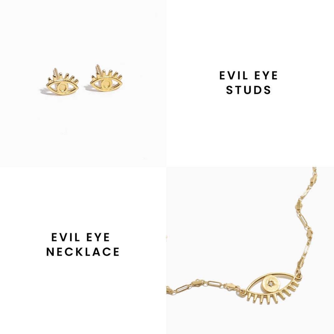 Evil Eye Necklace and Evil Eye Studs made in America by Katie Dean Jewelry, matching dainty layering jewelry sets
