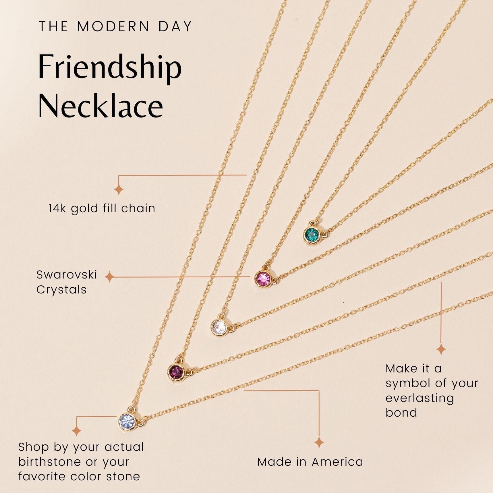 Katie Dean Jewelry, modern day friendship necklace featuring the Birthstone Necklace, made in America