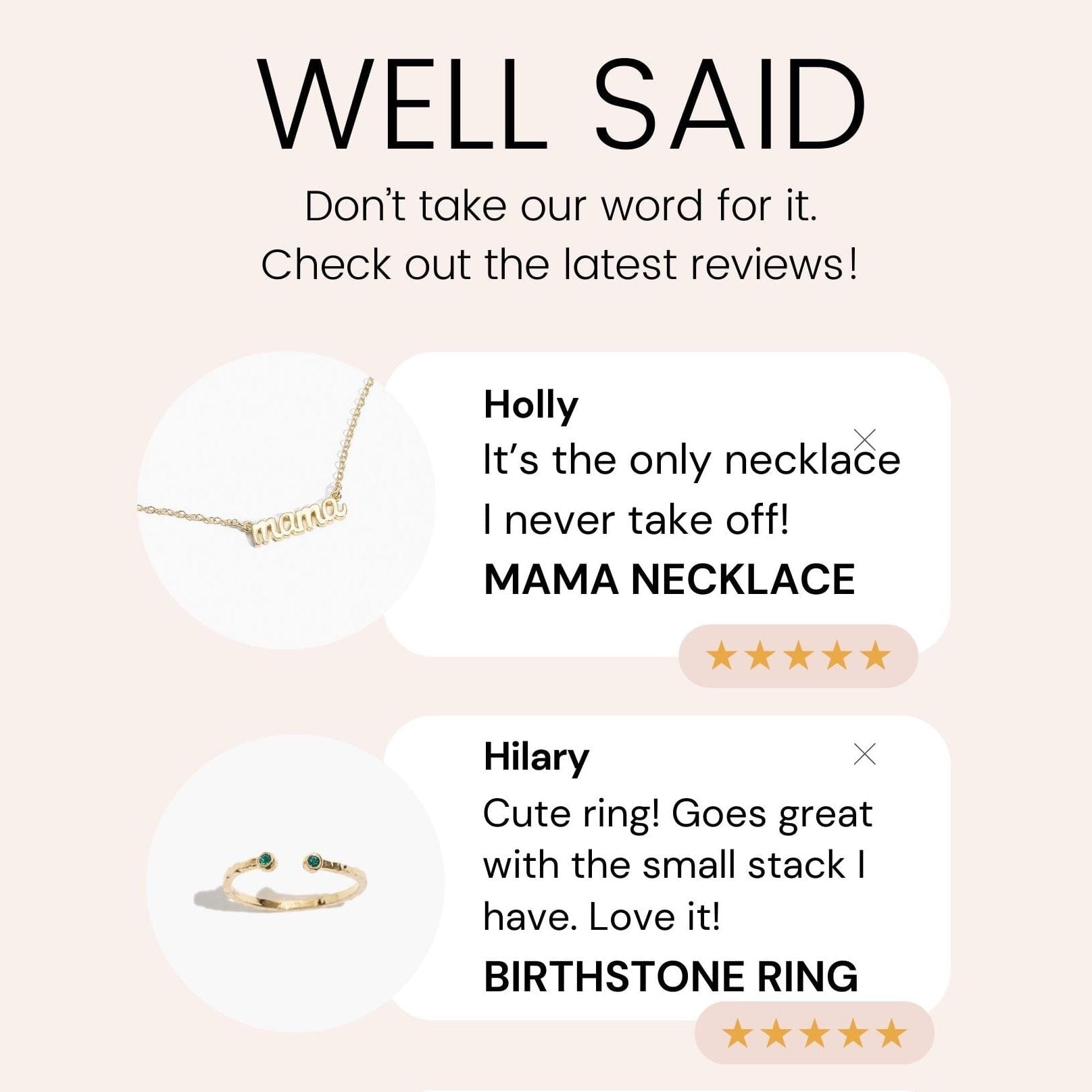 Two customer reviews for Katie Dean Jewelry, a dainty gold jewelry line made in America.