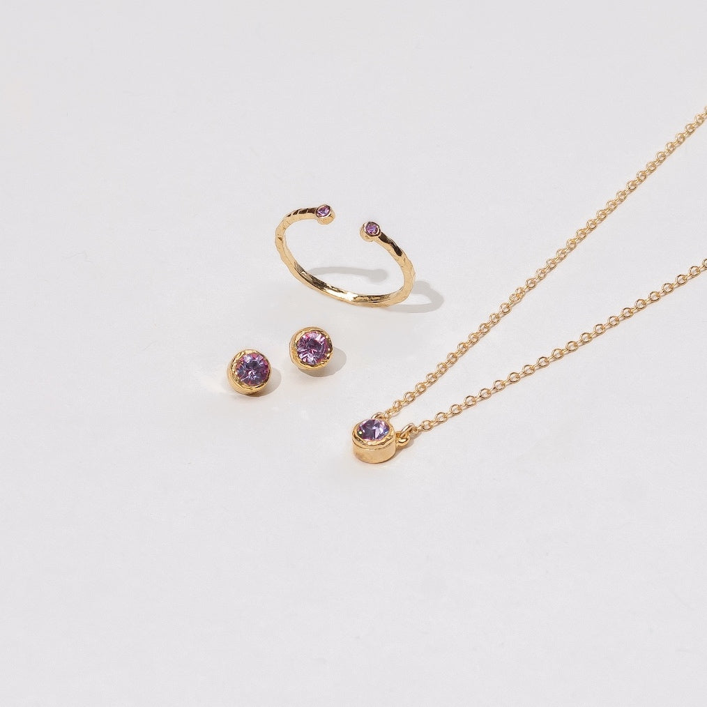Delicate minimal layering June birthstone pieces, light amethyst katie dean jewelry_ June birthstone necklace, earrings and ring