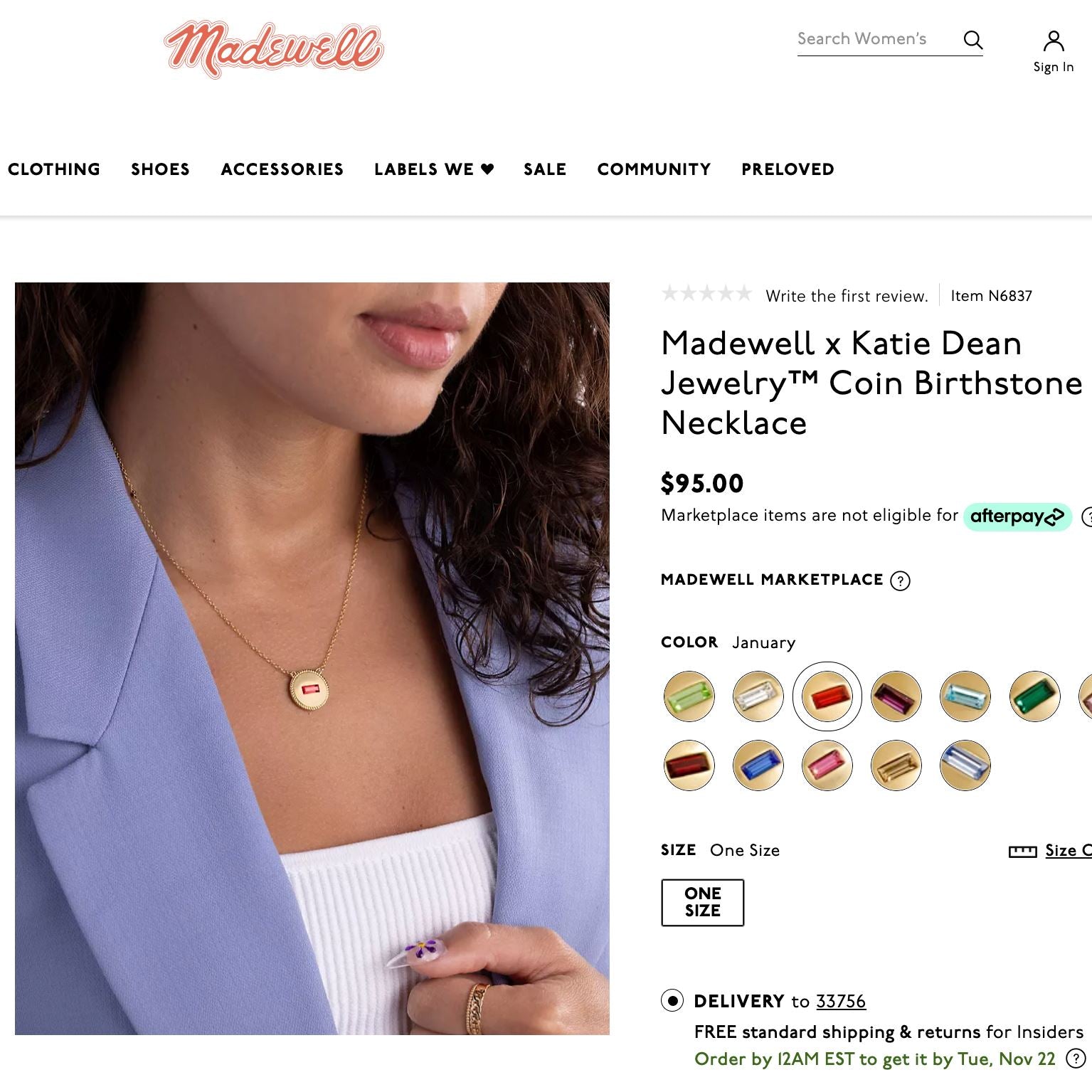 Coin Birthstone Necklace, a Madewell x Katie Dean exclusive, perfect personalized layering necklace_January Siam Birthstone