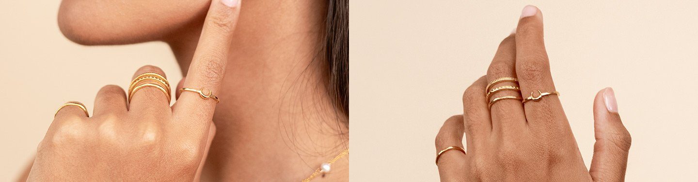 Two images side by side showing the hands of a model wearing dainty gold handmade rings by Katie Dean Jewelry
