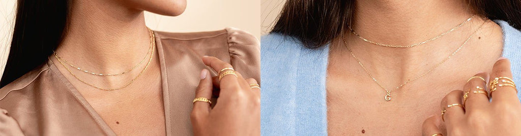 Two images side by side showing the upper body of a model wearing dainty gold handmade jewelry by Katie Dean Jewelry