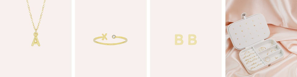 four images side by side showing the dainty gold initial necklace, ring and earrings as well as a white jewelry box, katie dean jewelry gift set for the holidays.