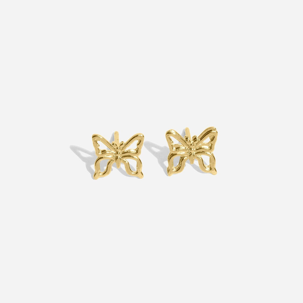 Dainty gold Butterfly Studs handmade in America by Katie Dean Jewelry, as seen on a natural white background, earrings made nickel-free and perfect for the dainty minimal jewelry lovers.