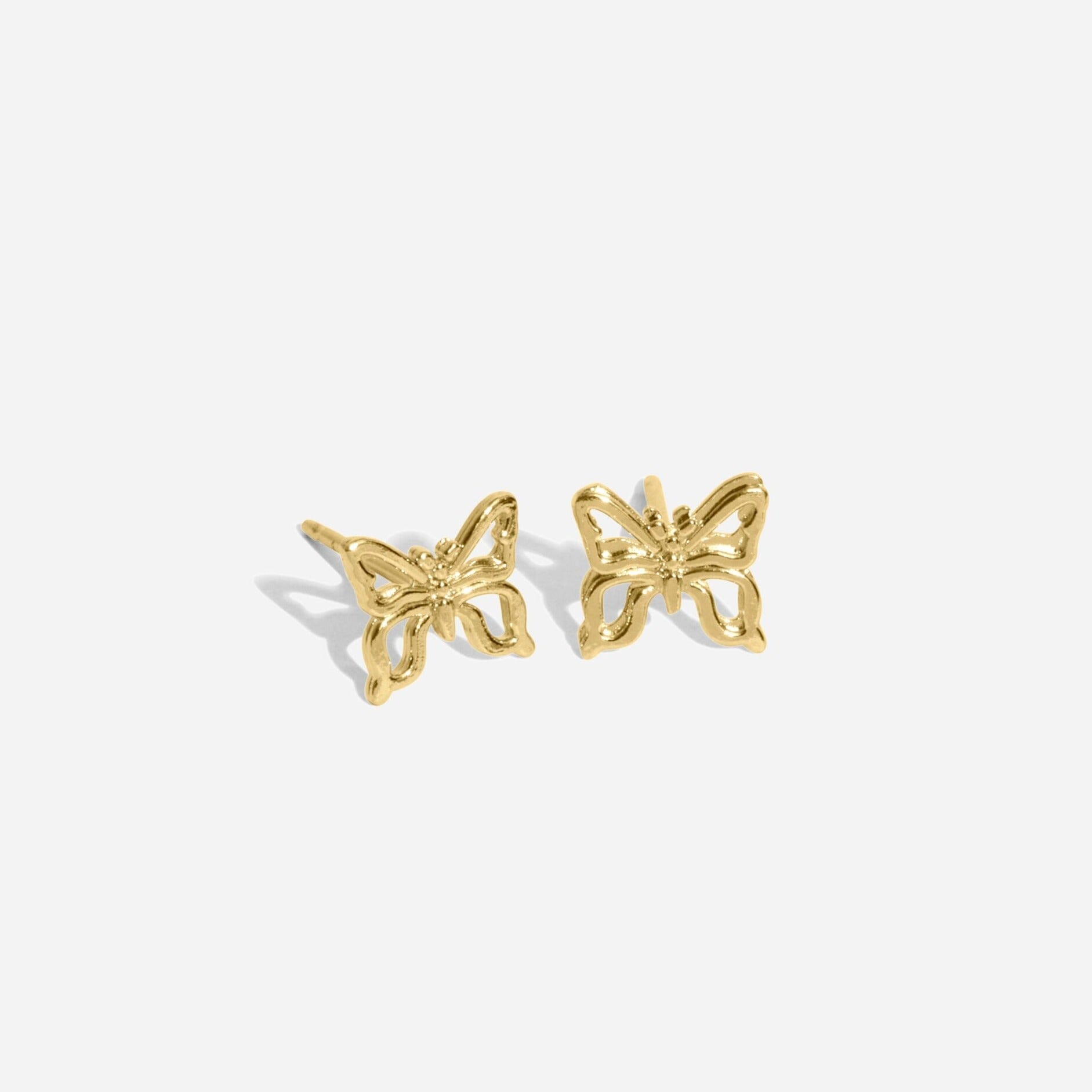 Dainty gold Butterfly Studs handmade in America by Katie Dean Jewelry, as seen on a natural white background, earrings made nickel-free and perfect for the dainty minimal jewelry lovers.