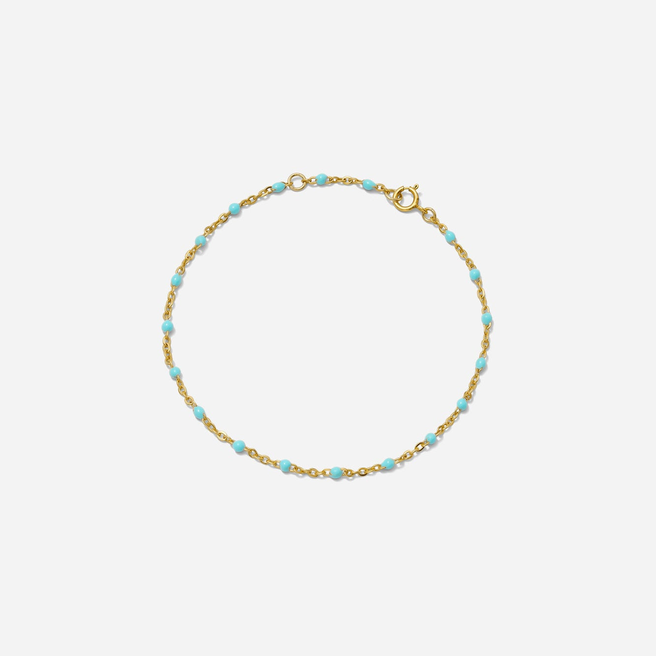 Enamel Chain Bracelet, turquoise enamel beads on gold chain, shown on a white background hand assembled by Katie Dean Jewelry in clearwater, FL.
