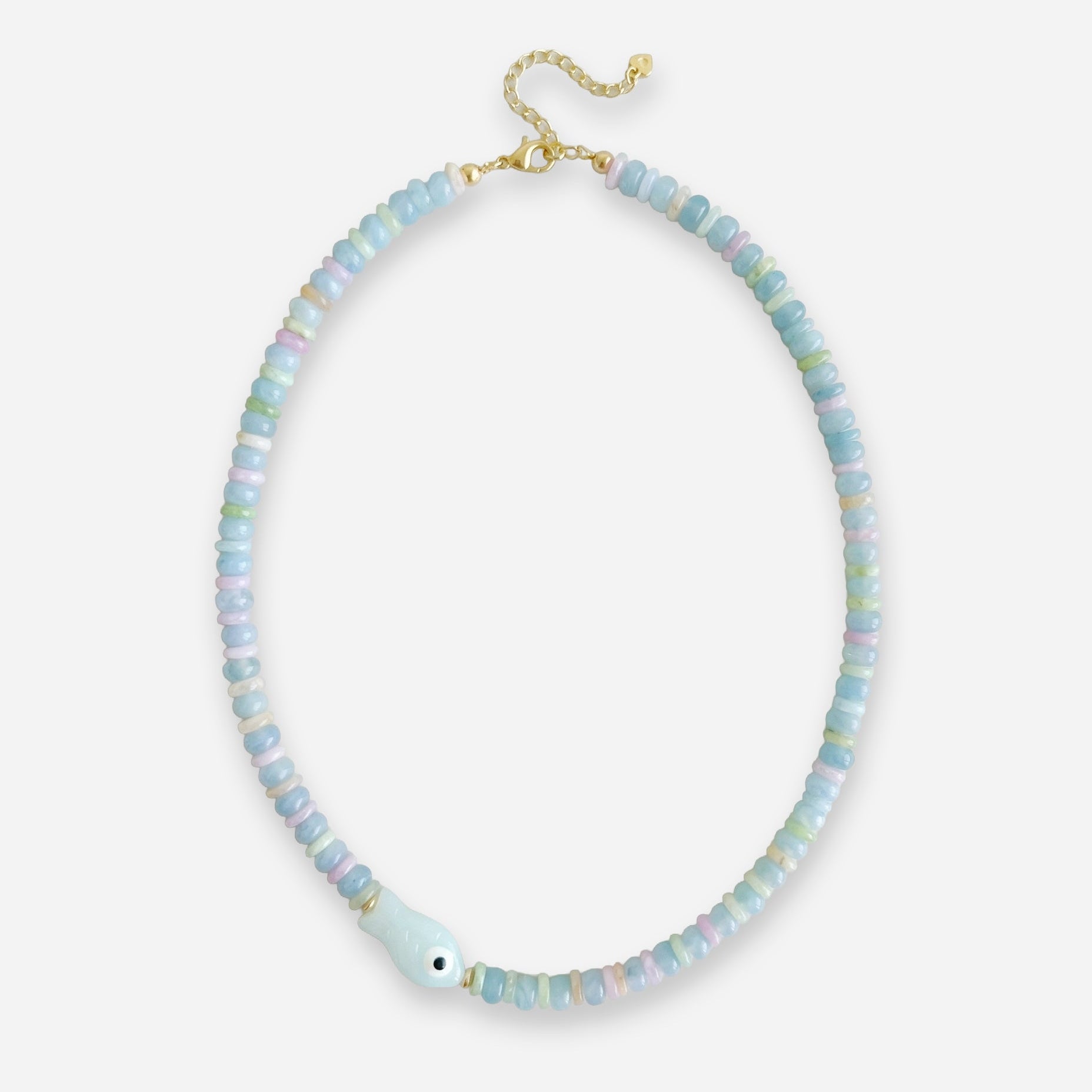Necklace with light blue beads on a white background