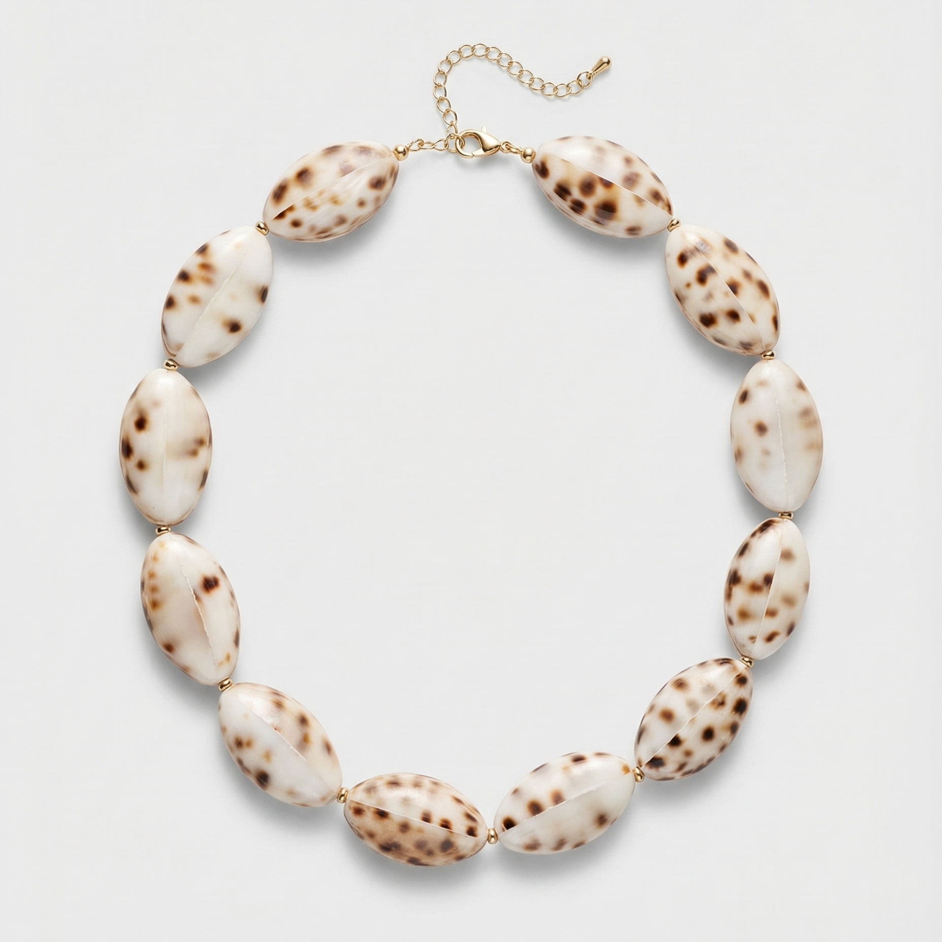 Tiger cowrie shell necklace with natural leopard pattern shells and gold accents