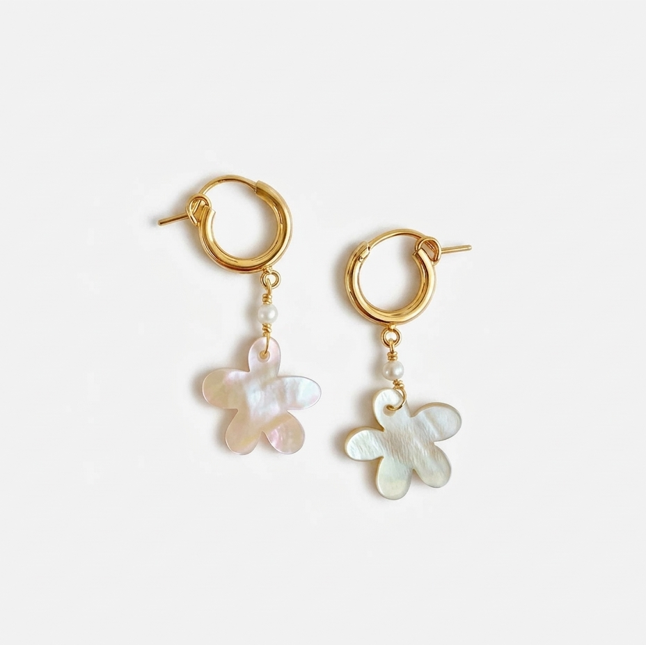 gold hoop earrings with Natural Abalone Shell flower charms and pearl bead accents on white background