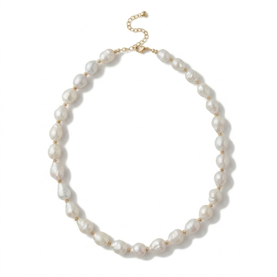 Pearl necklace with gold clasp on a white background