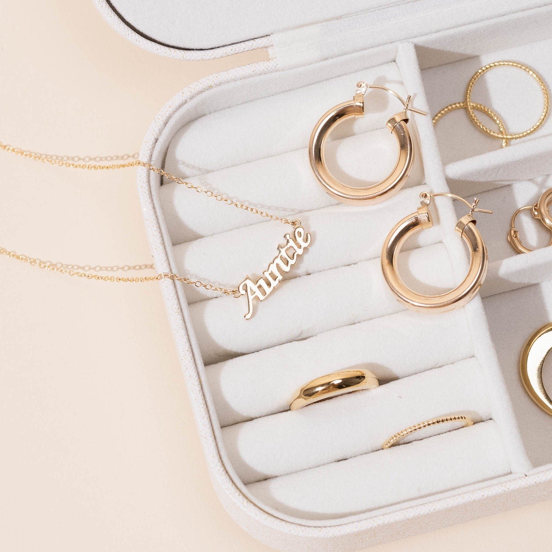 Dainty gold minimal Auntie Necklace, handmade in America by Katie Dean Jewelry