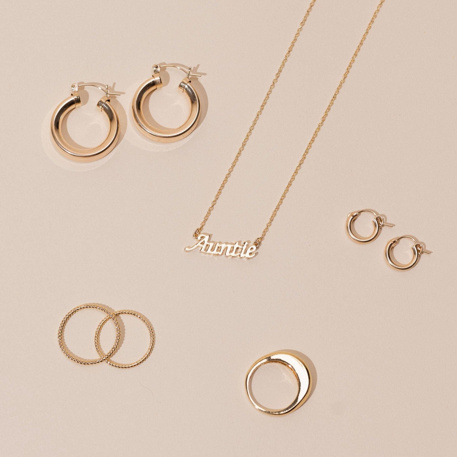 Dainty gold minimal Auntie Necklace, handmade in America by Katie Dean Jewelry