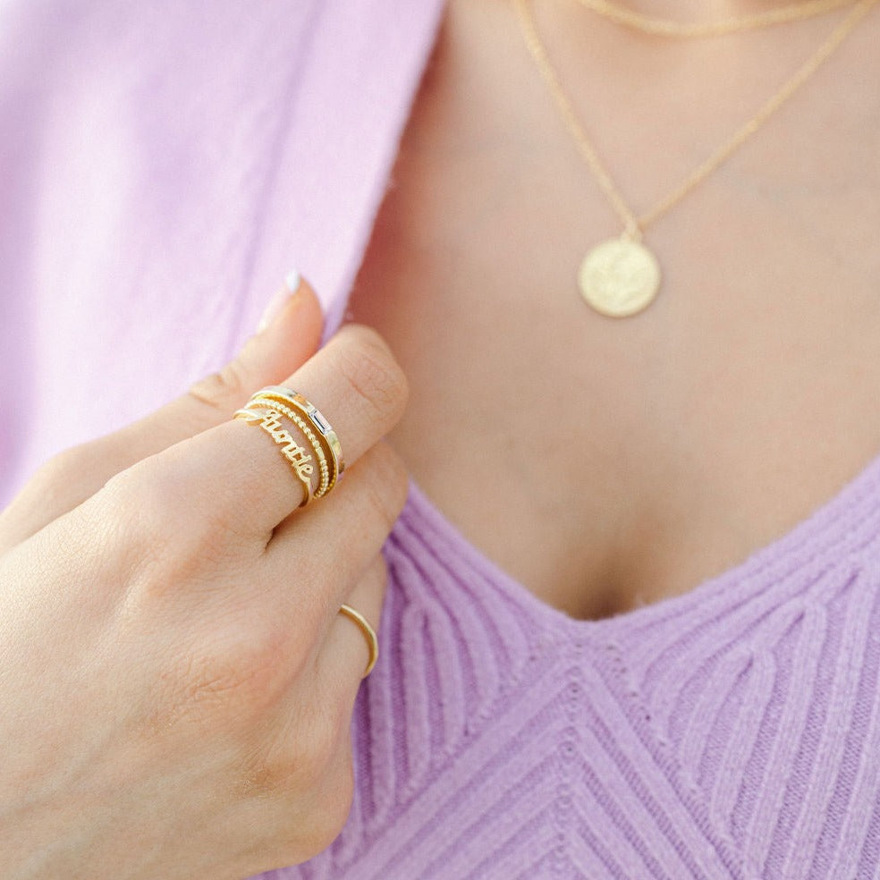 Auntie Ring_Baguette Ring_Beaded Ring_Katie Dean Jewelry_handmade in America_dainty minimal stacking rings