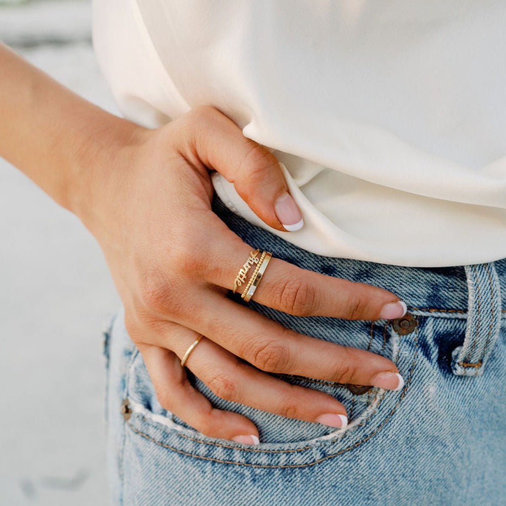 Auntie Ring_Baguette Ring_Beaded Ring_Katie Dean Jewelry_handmade in America_dainty minimal stacking rings