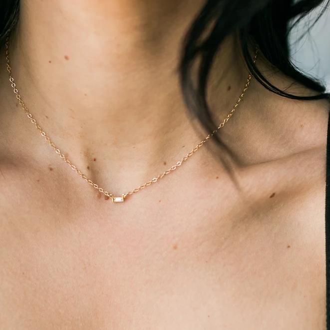 The Baguette Necklace, a beautiful classic piece to add to your everyday necklaces. Handmade in California by Katie Dean Jewelry.