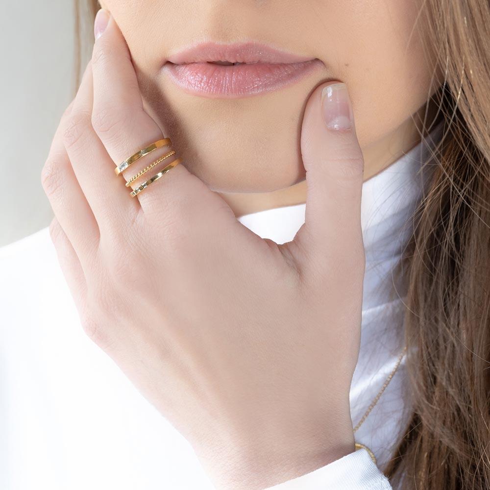 Classic, golden, timeless. We love the Golden Ring Stack stack for its dainty sparkle. This stack includes: Baguette Ring, Beaded Ring, Three Gem Ring