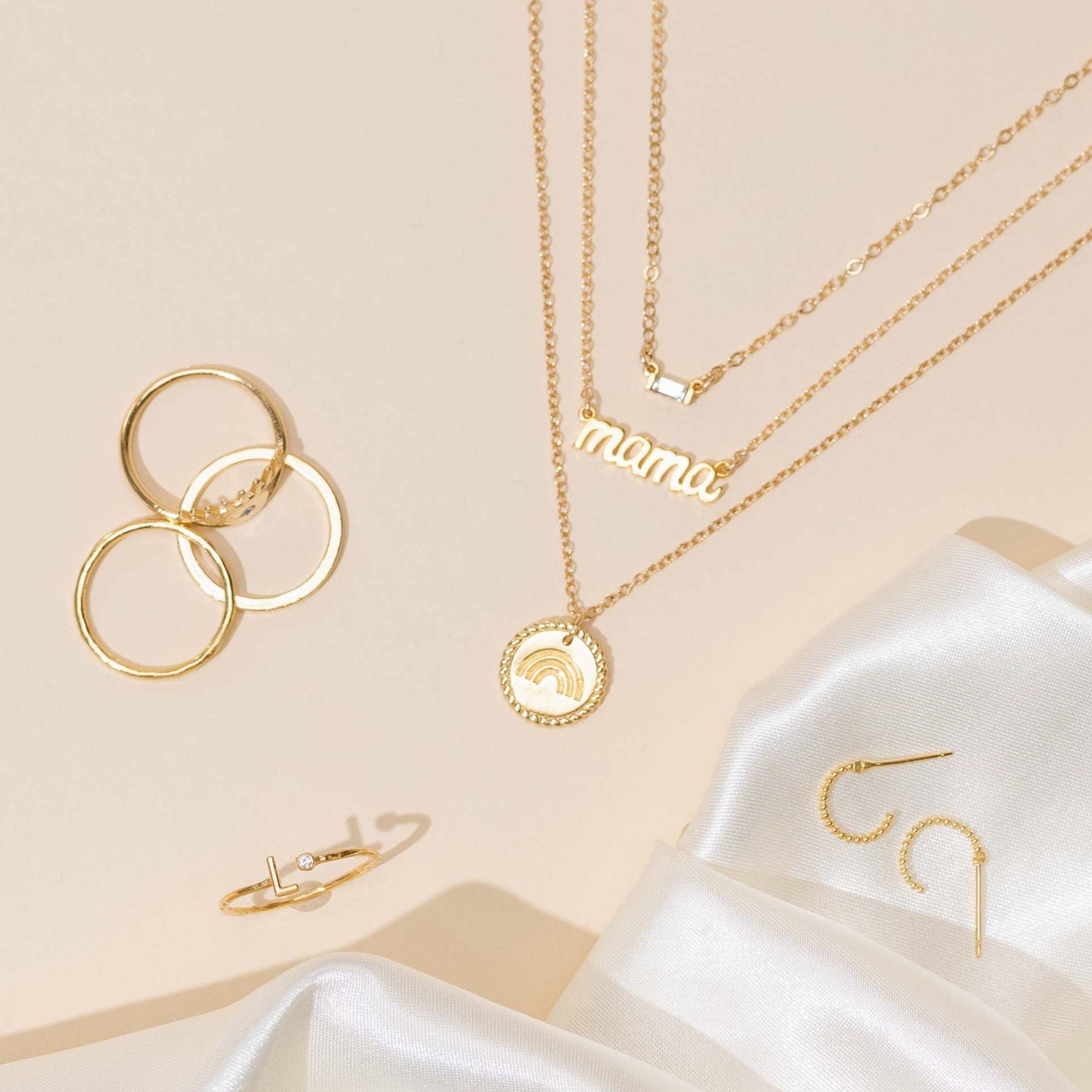 Handmade in America by Katie Dean Jewelry, dainty minimal layering Baguette, Mama, Rainbow Necklace, L Initial Ring, Beaded Hoop Studs