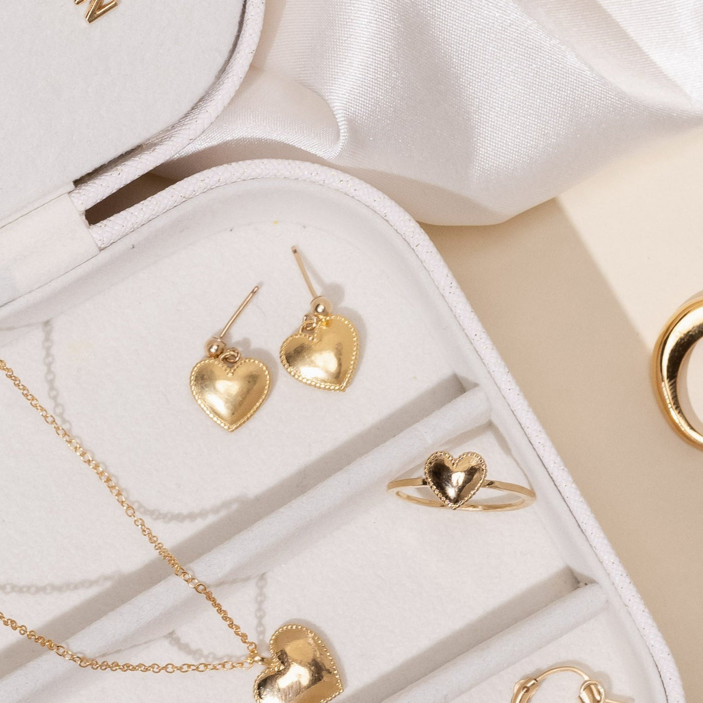 Beaded Heart studs, handmade in America by Katie Dean Jewelry, dainty gold hypoallergenic earrings