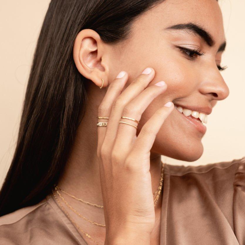 Beaded Hoop Studs, Beaded Ring, Hammered Band Ring, Figaro Chain Ring handmade in America, Katie Dean Jewelry