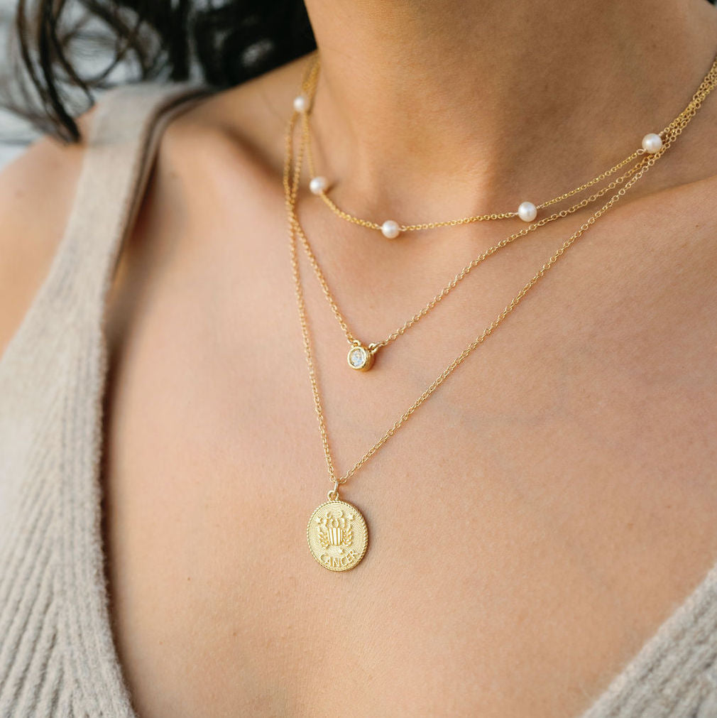 Cancer Zodiac Necklace_June 21-July 22_horoscope sign_dainty handmade necklaces by Katie Dean Jewelry_Pearl Necklace_April Birthstone Necklace
