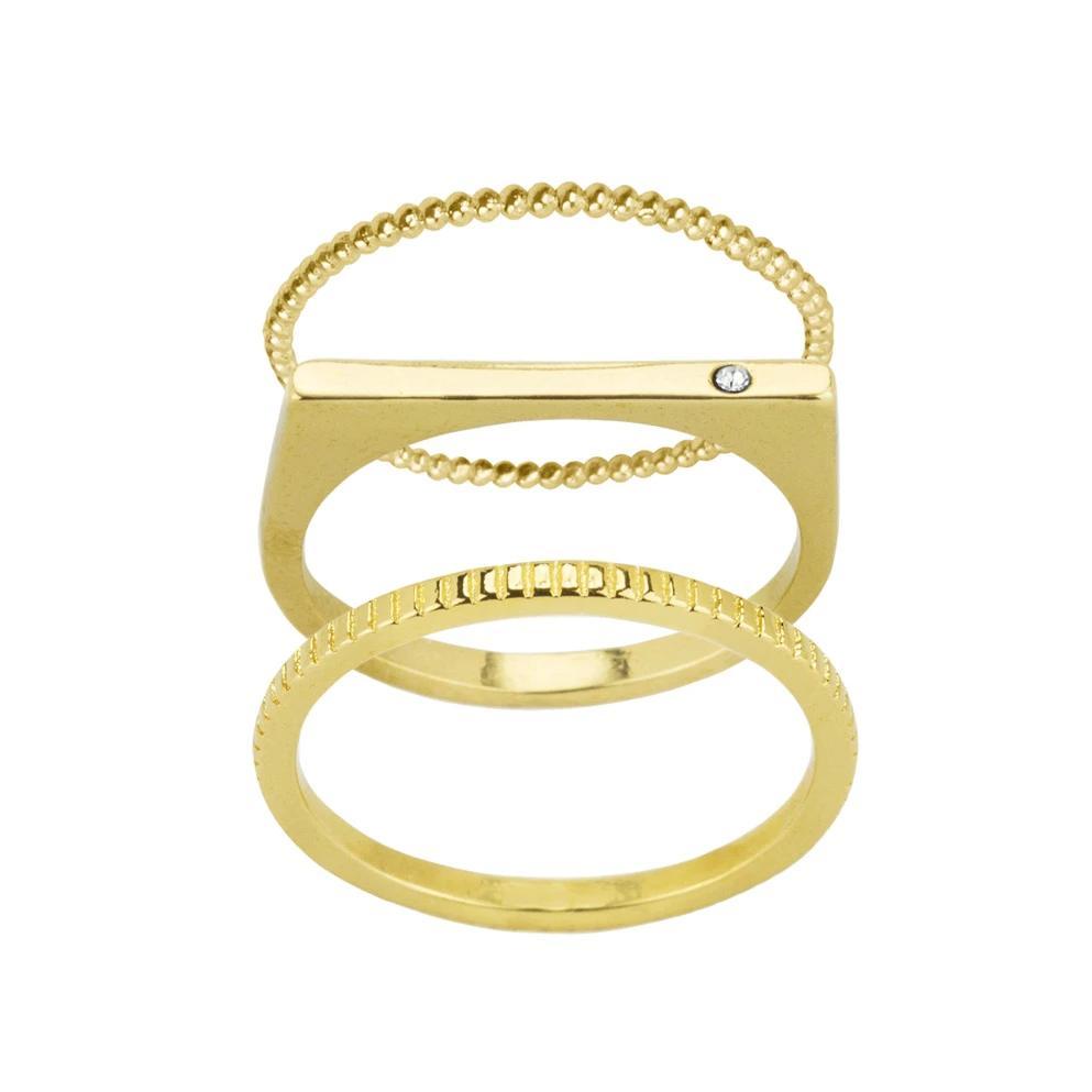 The gold Classic Stack featuring a Beaded Ring on top, a Bar with Gem Ring in the middle & a Coin Ring on the bottom.