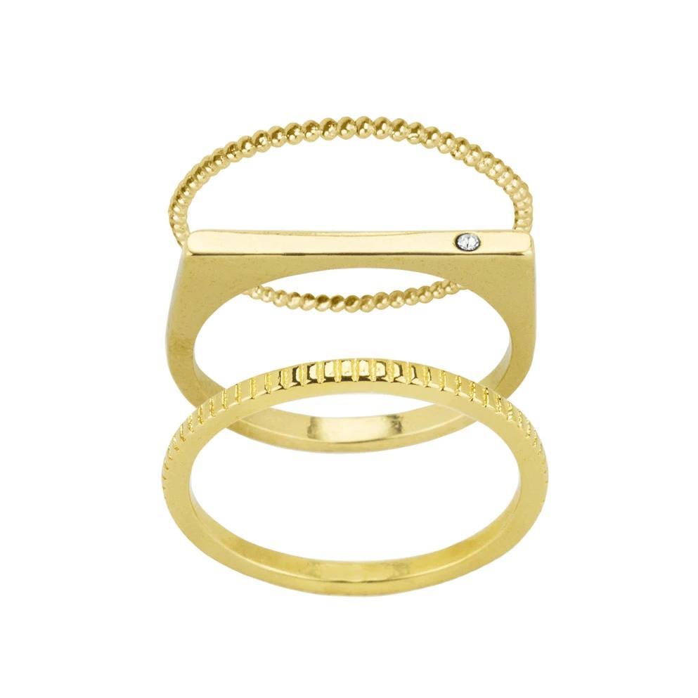 The gold Classic Stack featuring a Beaded Ring on top, a Bar with Gem Ring in the middle & a Coin Ring on the bottom. 