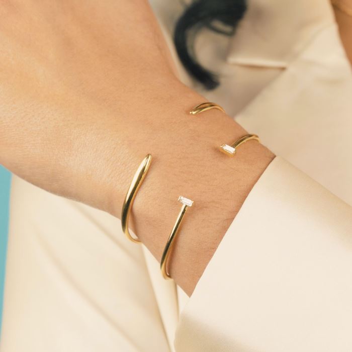 Cuff Bracelet Set shown on a model wearing the Claw Cuff and Baguette Cuff, handmade in California by Katie Dean Jewelry