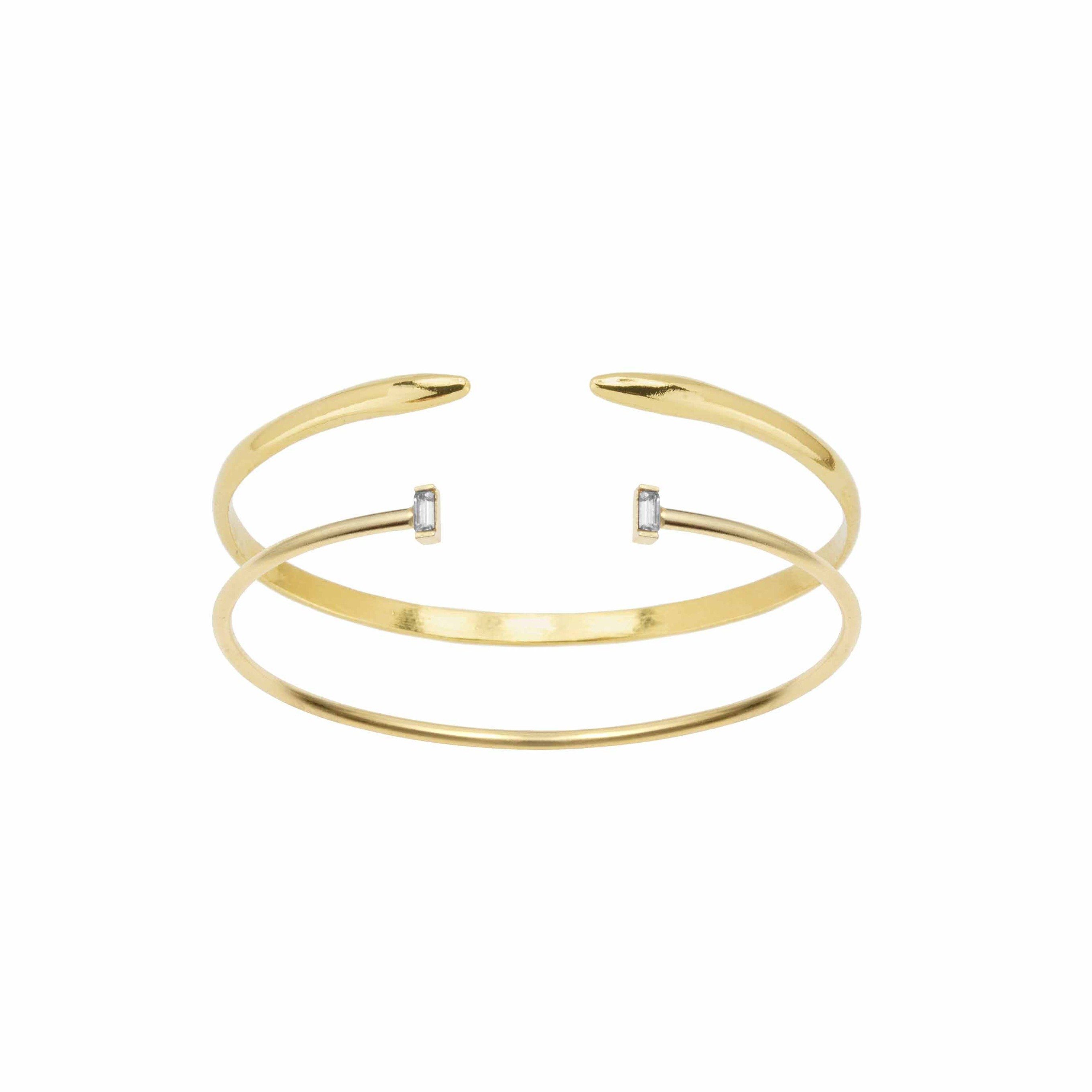 Cuff Bracelet Set shown on a white background, image has the Claw Cuff and Baguette Cuff stacked on top of each other to show them as a set, handmade in California by Katie Dean Jewelry