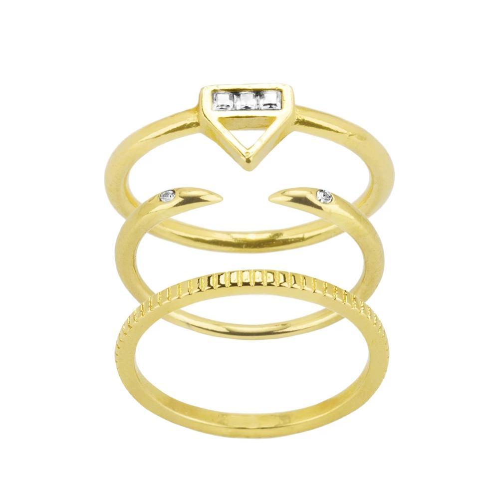 The Essential Ring Stack is one you won't want to take off. Included in this ring set: the Coin Ring, Claw Ring and the Love Triangle Ring. Handmade in California by Katie Dean Jewelry.