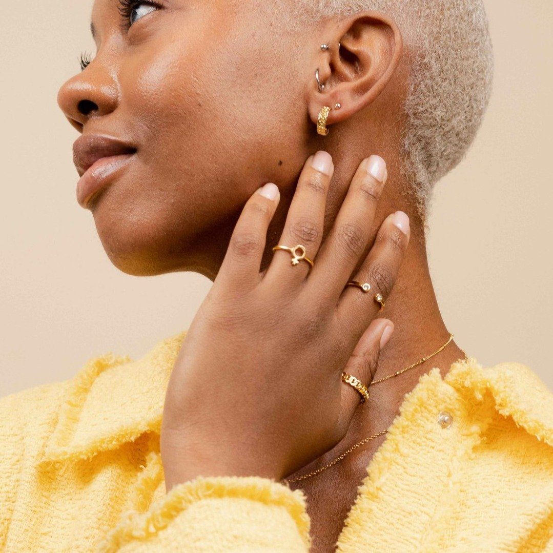 Female Symbol Ring, Two Gem Ring, Figaro Chain Ring, Figaro Chain Hoops, Beaded Hoops, made in America by Katie Dean Jewelry