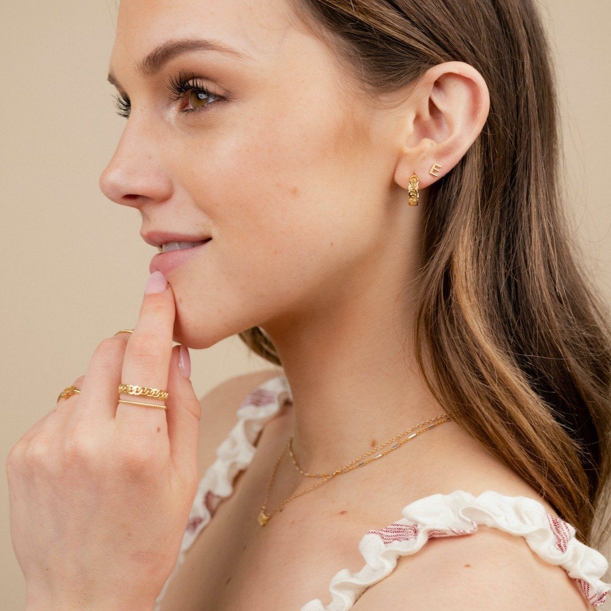 Figaro Chain Ring, Beaded Ring, Figaro Chain Hoops, Initial Stud, Handmade in America Katie Dean Jewelry