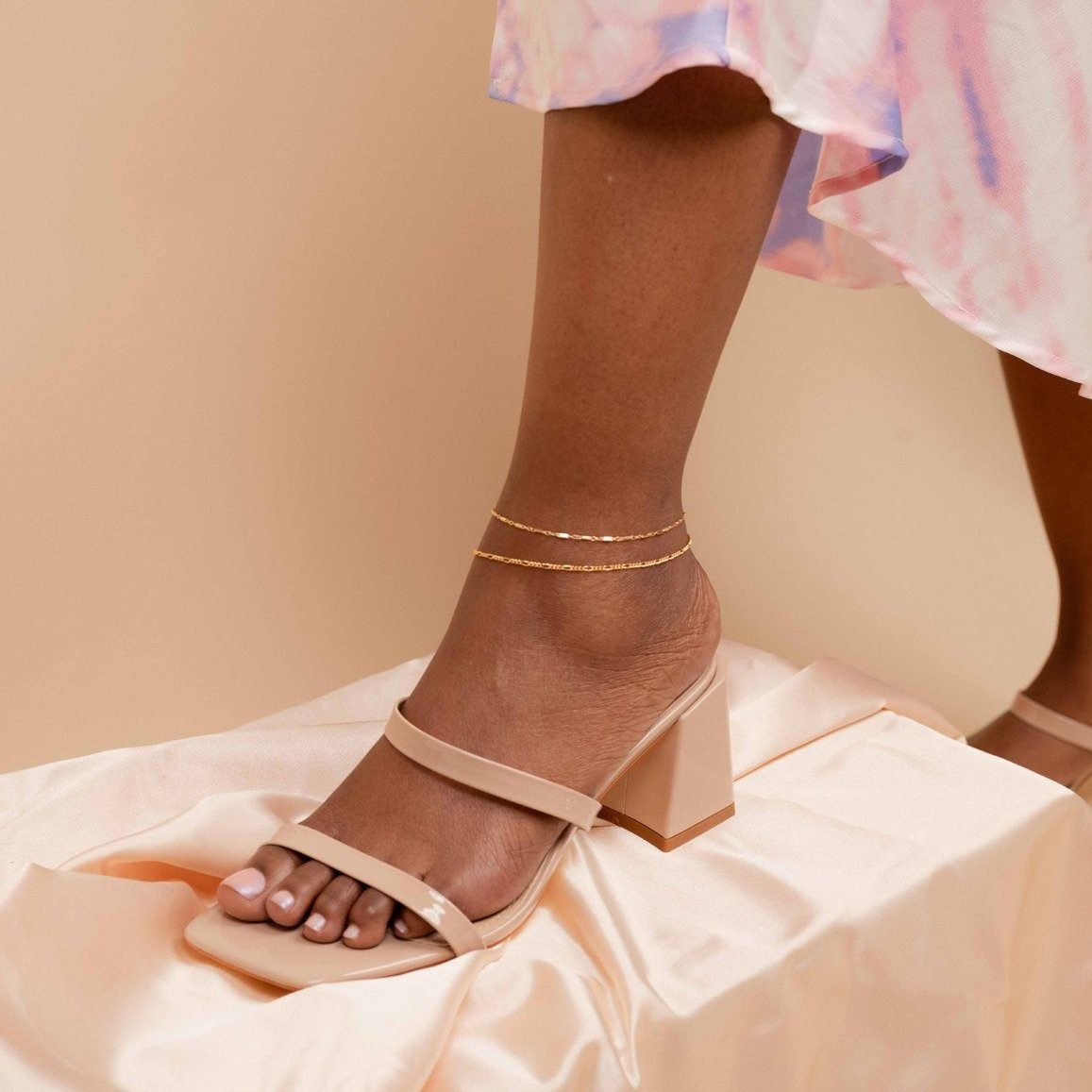 Dainty gold Everyday Anklet Set handmade by Katie Dean Jewelry, includes one Figaro Chain Anklet and one Linked Anklet