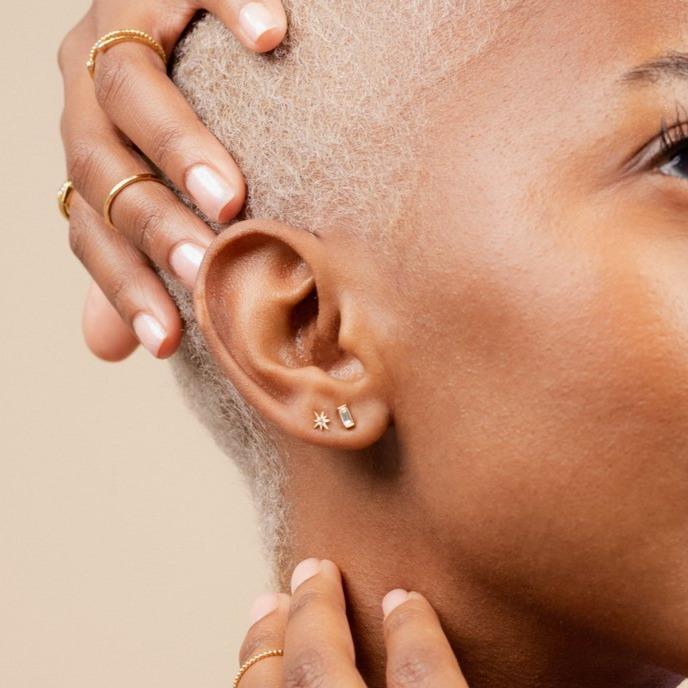 The Baguette Studs, a beautiful, classic pair of earrings that you'll never want to take off. Handmade in America by Katie Dean Jewelry. Nickel free and hypoallergenic.