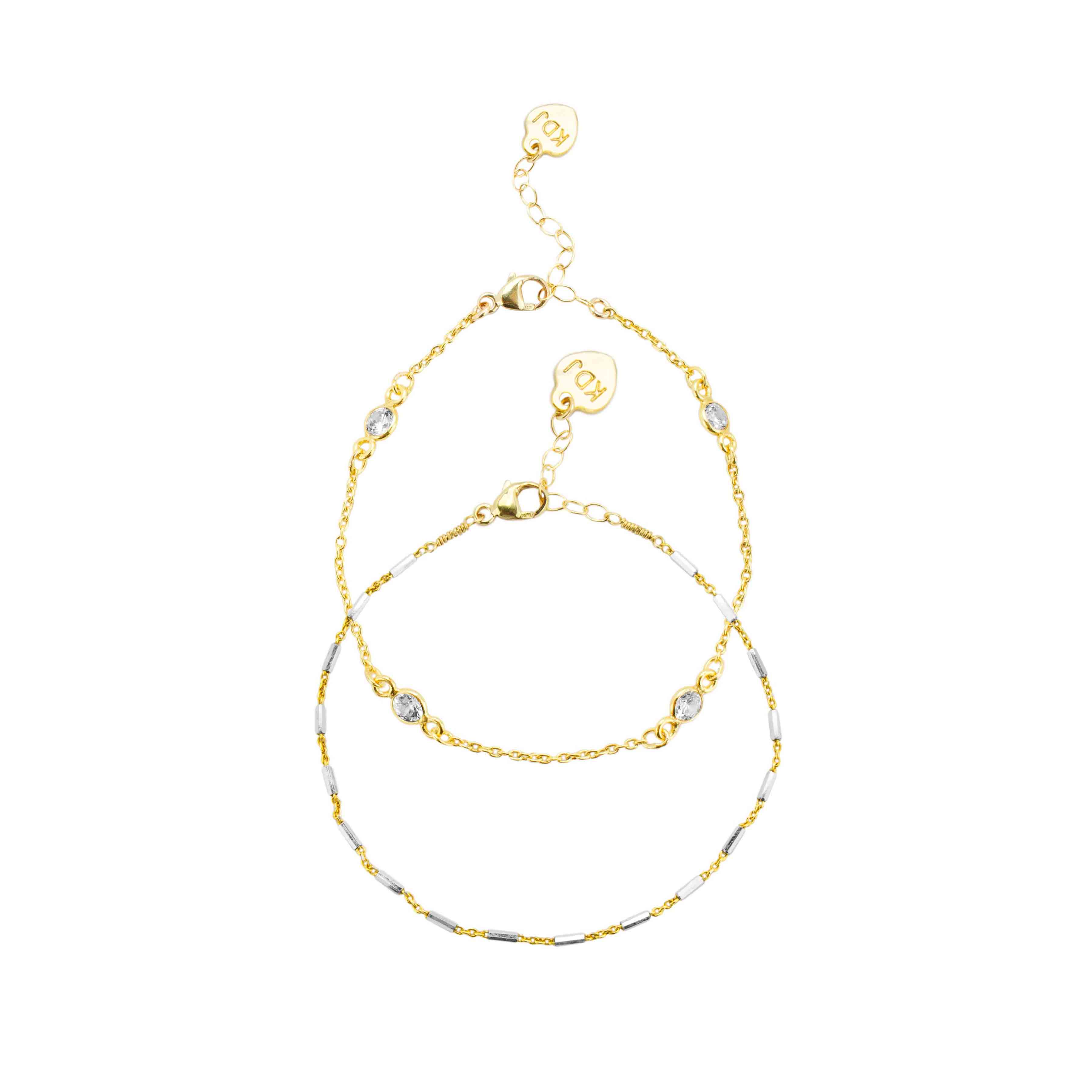 Gold Crystal Chain Bracelet and Silver and Gold Bracelet shown against a white background, handmade in California by Katie Dean Jewelry.