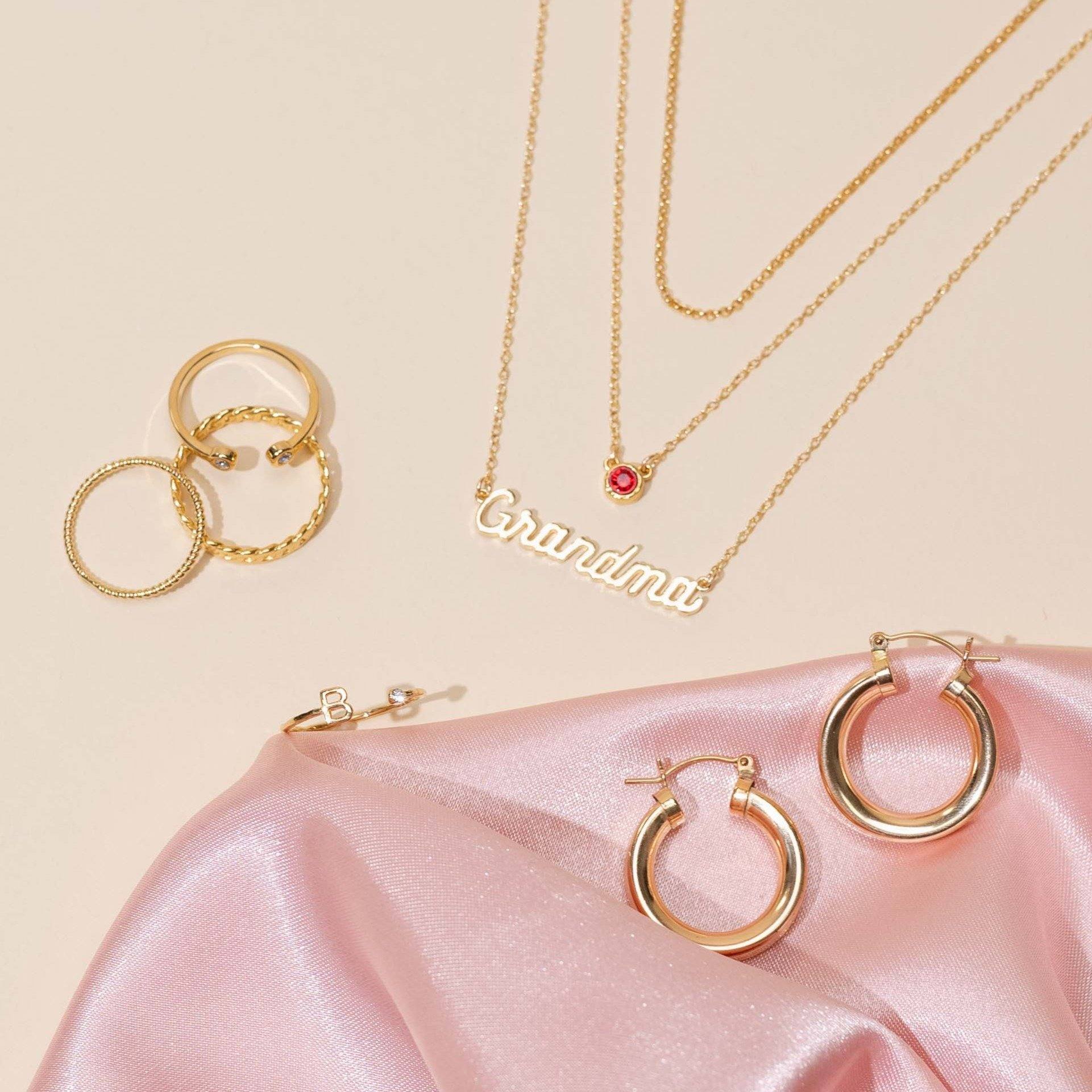 Grandma Necklace_Birthstone Necklace_Gold Rolo Necklace_Initial Ring_Big Bold Hoops_Katie Dean Jewelry_handmade in America