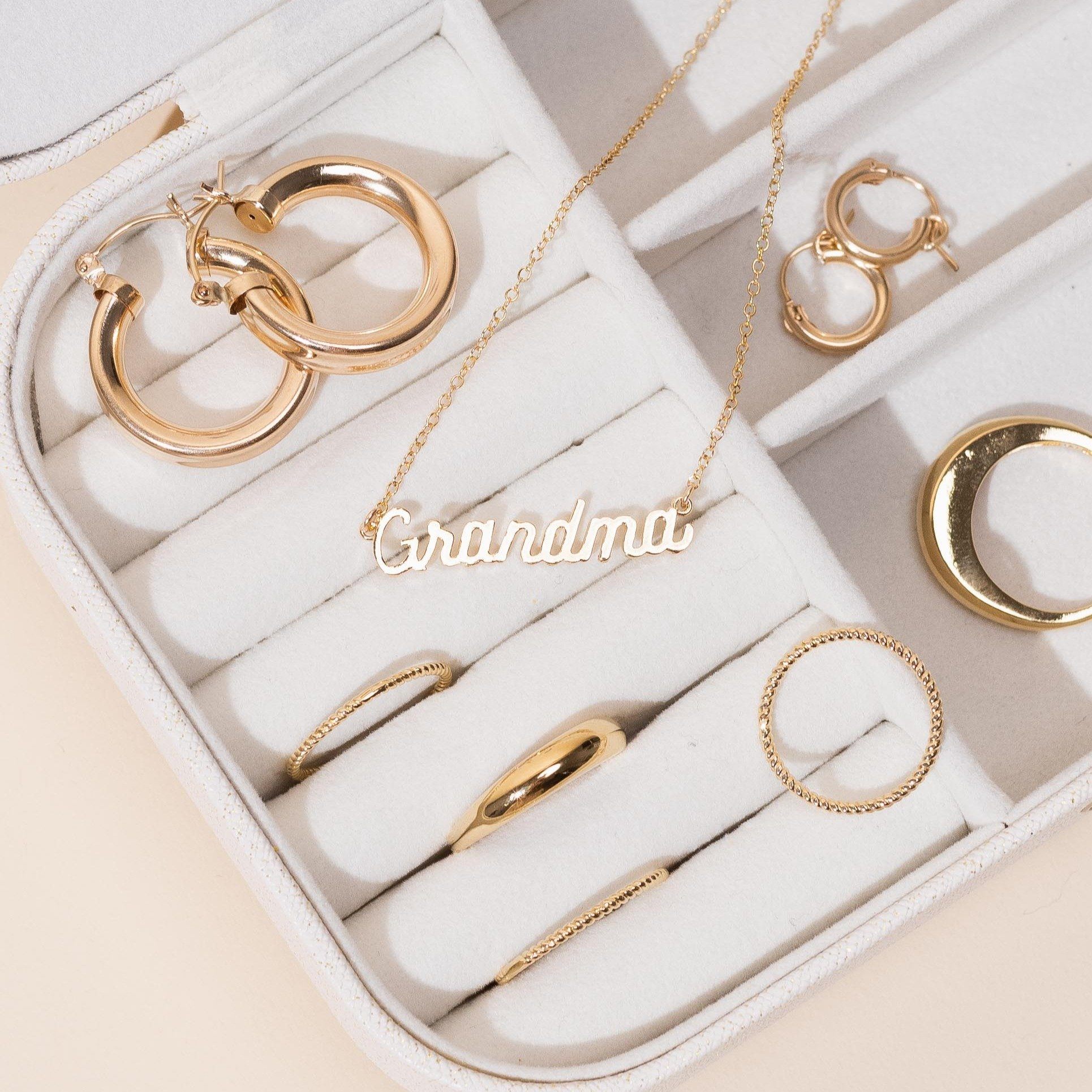 Dainty minimal gold Grandma Necklace handmade in America by Katie Dean Jewelry