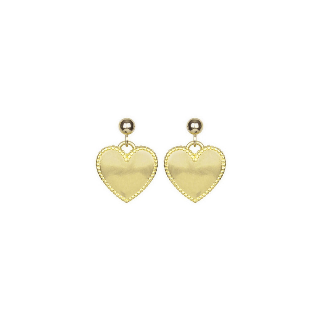 Dainty gold Heart Studs with beaded detail edge, handmade in America by Katie Dean Jewelry
