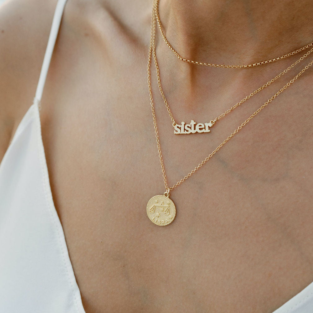 Libra Zodiac Necklace_Sept 23-Oct 22_Katie Dean Jewelry_horoscope sign_Zodiac Collection, dainty handmade necklaces_Gold Rolo_Sister Necklace