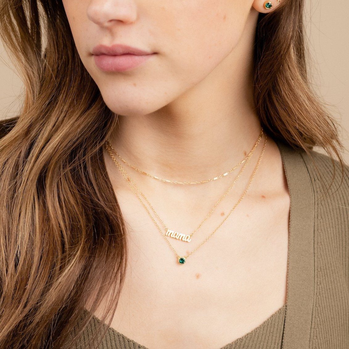 Model wearing the Linked Choker, Mama Necklace, Birthstone Necklace, Birthstone studs Katie Dean Jewelry