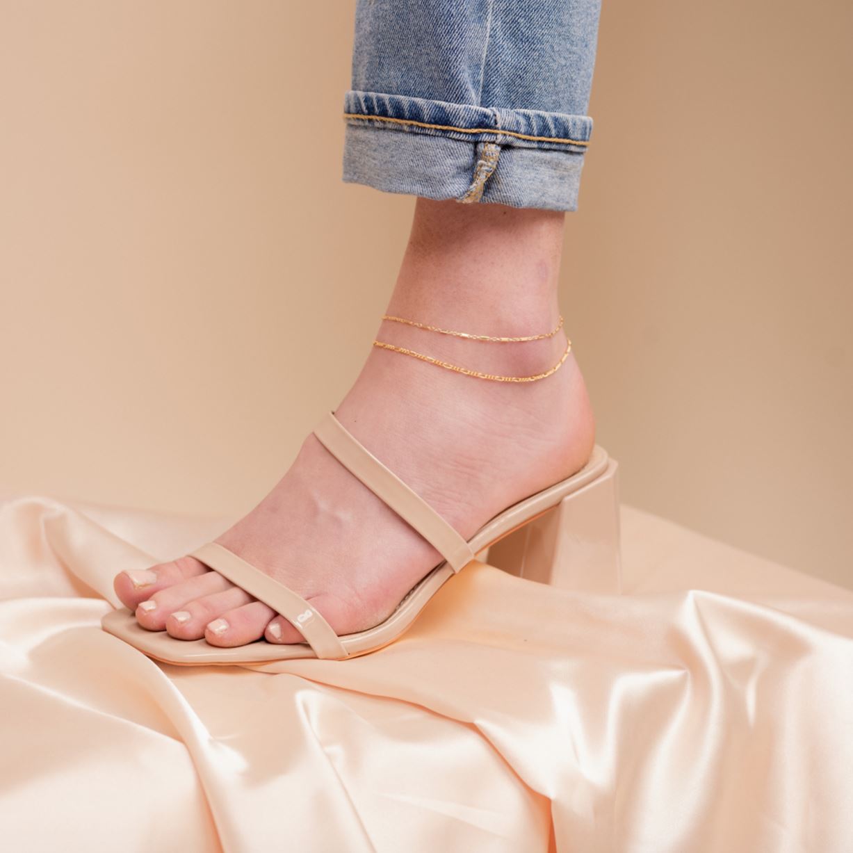 Dainty gold Everyday Anklet Set handmade by Katie Dean Jewelry, includes one Figaro Chain Anklet and one Linked Anklet