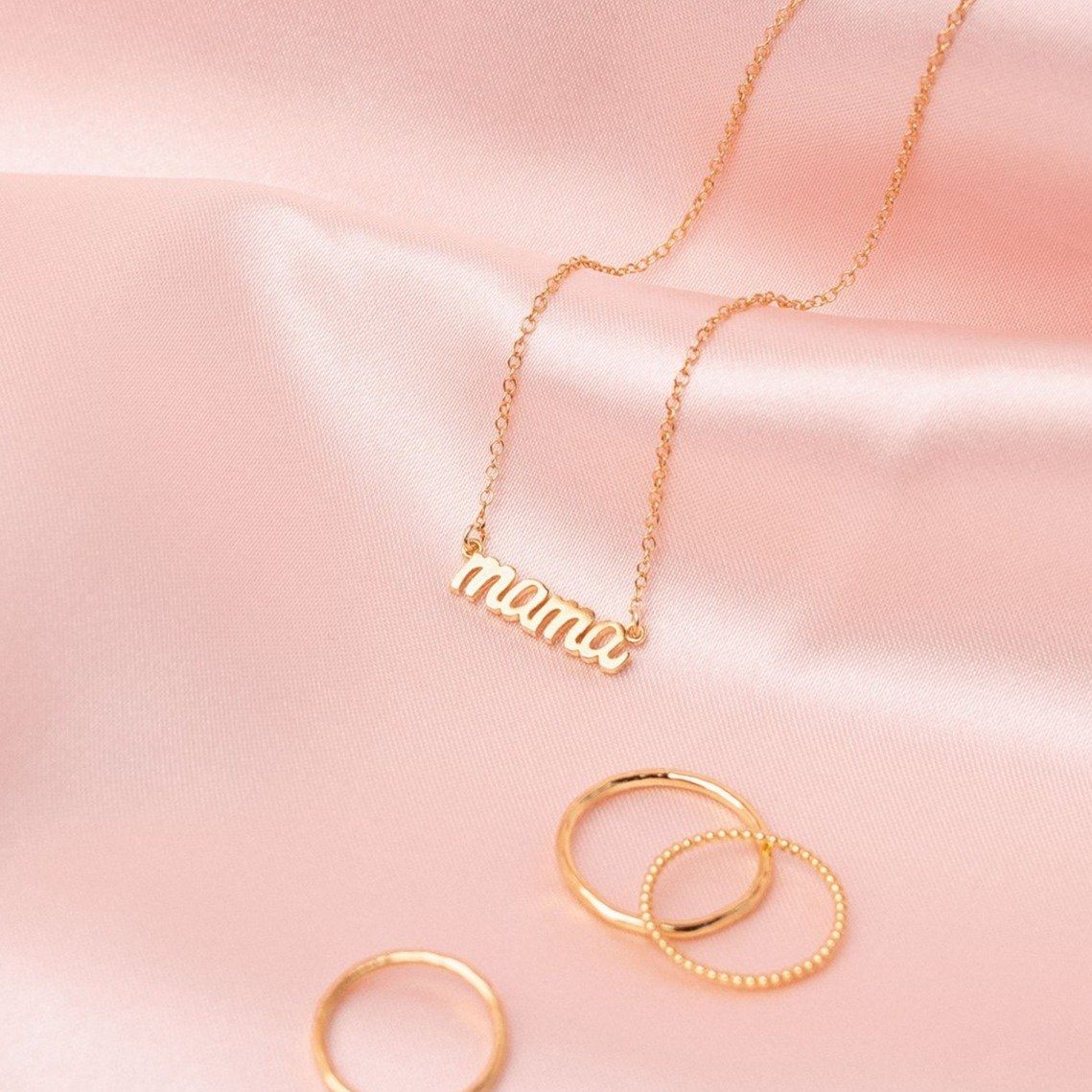 Dainty gold Mama Necklace handmade by Katie Dean Jewelry in America