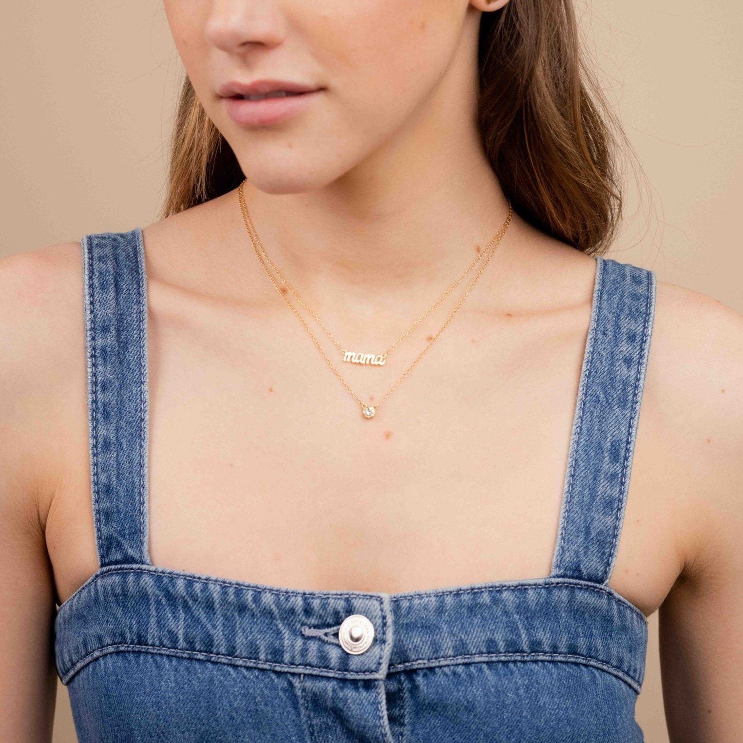 Birthstone Necklace layered with Mama Necklace handmade in America by Katie Dean Jewelry