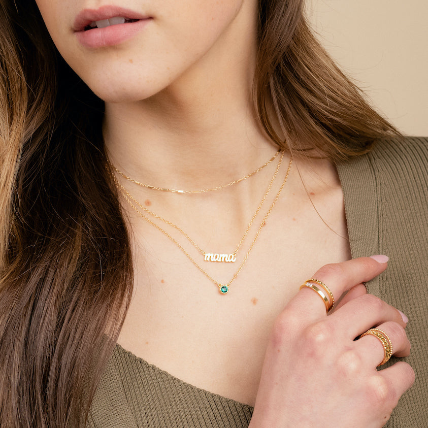 Solid Gold Mama Necklace by Katie Dean Jewelry, made in America, perfect for the dainty minimal jewelry lovers, heirloom jewelry featured alongside the Birthstone Necklace