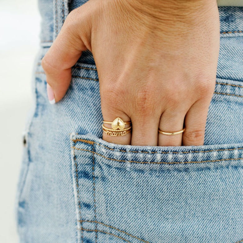 Mama, Heart, Beaded, Hammered Band ring_Gold Rolo Bracelet_Katie Dean Jewelry_handmade in America_stacking ring