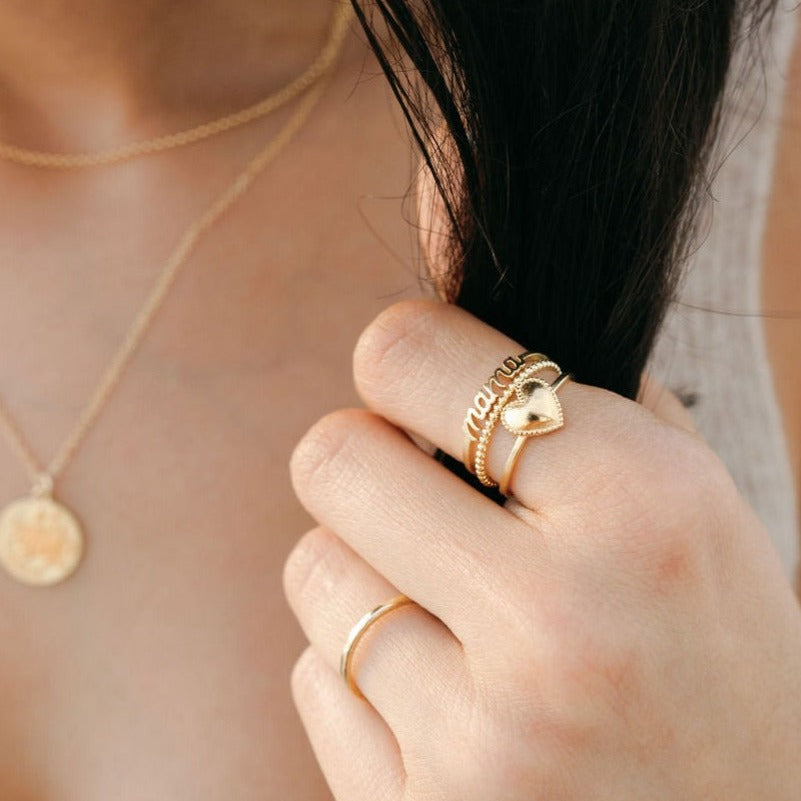 Mama, Heart, Beaded, Hammered Band ring_Katie Dean Jewelry_handmade in America_stacking ring