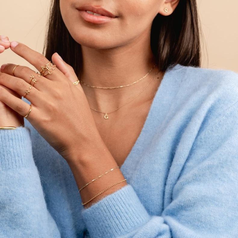 Dainty gold bracelets featuring the Linked Bracelet and Gold Rolo Bracelet, minimal bracelet set handmade by Katie Dean Jewelry