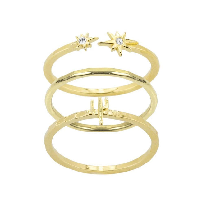 Just imagine stargazing under the perfect desert sky when you wear the Desert Ring Stack. Handmade in California by Katie Dean Jewelry. Included in this stack: the Little Dipper Star Ring, Hammered Band Ring and the Cactus Ring.