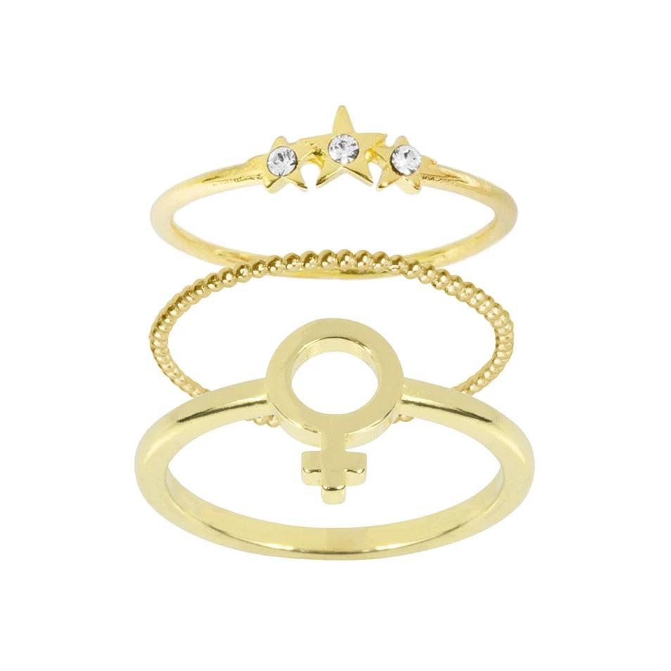 Wear your feminism loud and proud with the Feminist Stack. After all, women are pure magic. This stack includes: Starburst Ring, Beaded Ring, Female Symbol Ring. Handmade in California by Katie Dean Jewelry.